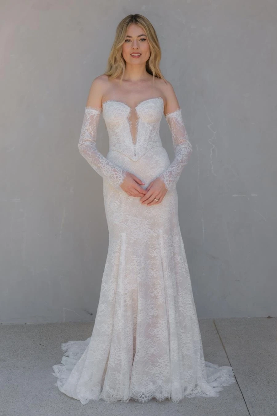 Model in white Watters wedding dress