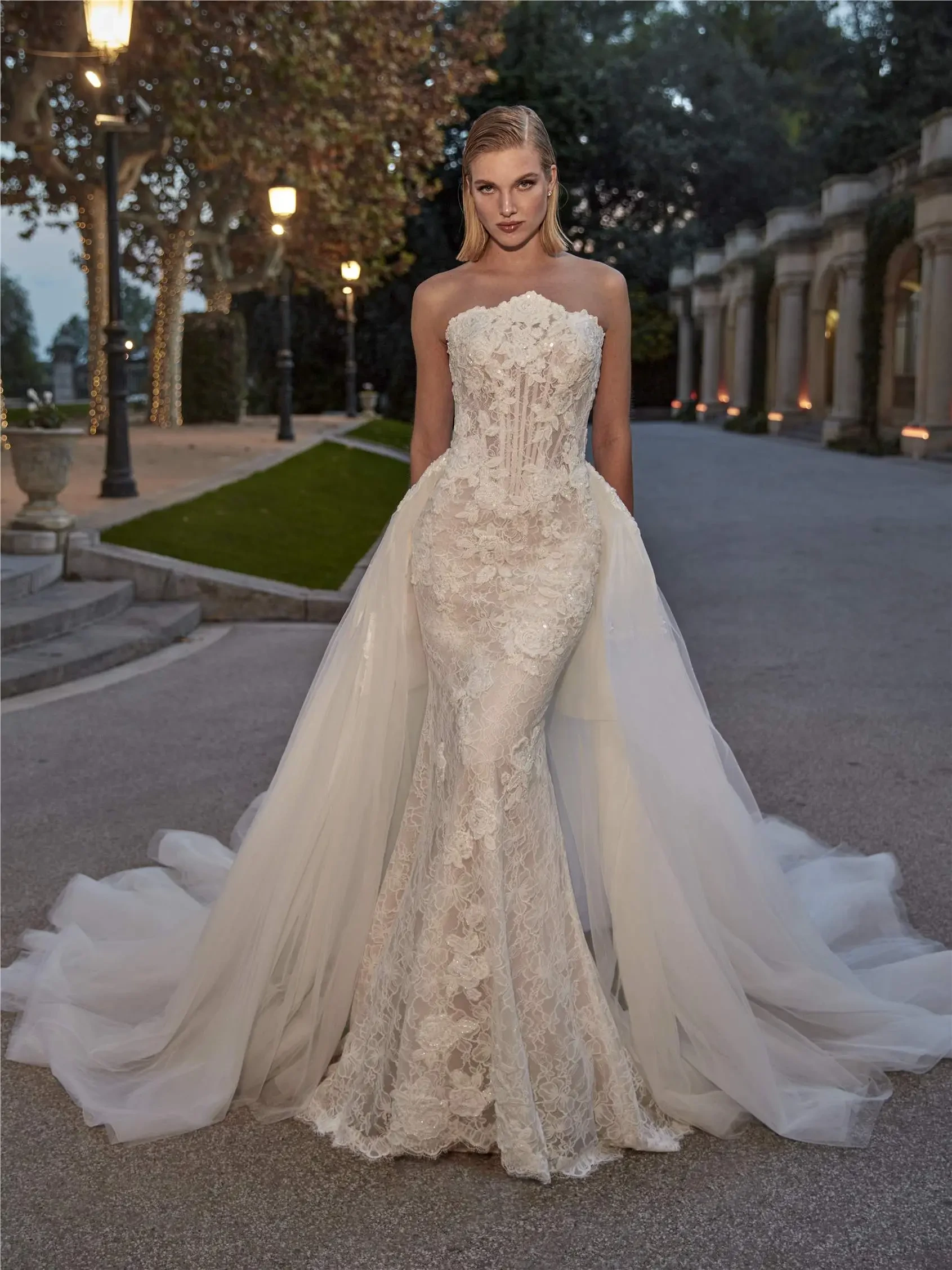 Model wearing Pronovias Privee wedding gown